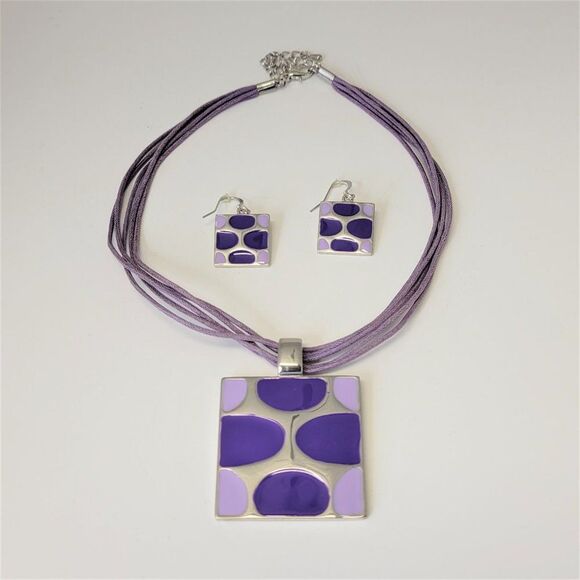 Purple Square Pendant Necklace with Matching Square Purple Earrings - Picture 4 of 12